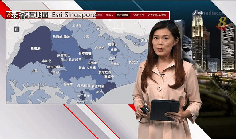 Channel 8 news presenter in front of smart map featuring Singapore's constituencies