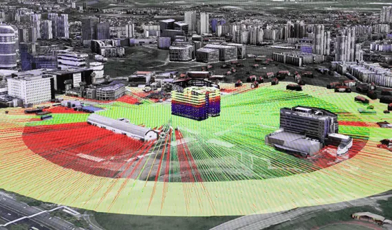 A Visibility Study conducted on this 3D-rendered building on the ArcGIS platform