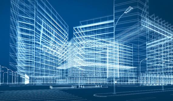 3D blueprint rendering of a building